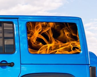 Flames Fire Window Perforated Vinyl Flag See-Thru Graphics Fit Jeep Wrangler JKU JLU 2007-2024 Puzzle
