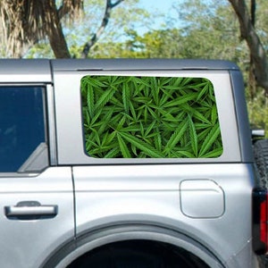 May include: A gray Ford Bronco with a green leafy pattern on the rear window. The vehicle has a spare tire on the back.
