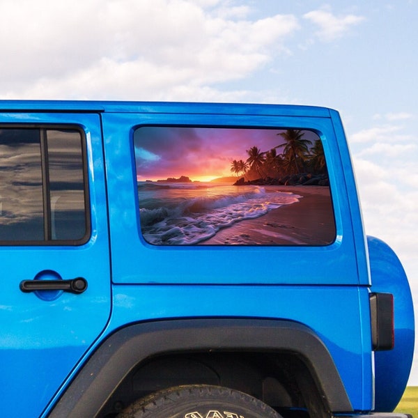 Window Perforated Vinyl Beach Scene See-Thru Graphics Fit Jeep Wrangler JKU JLU 2007-2024