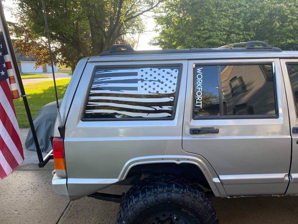 Distressed USA Flag Decal Set – Fits Rear Windows Of 1999-2004 Jeep Grand Cherokee WJ3