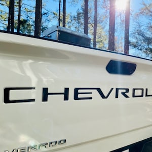 May include: White pickup truck tailgate with a black Chevrolet emblem. The truck has a black rear window and a black taillight.