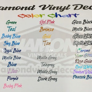 May include: Color chart for vinyl decals with a variety of colors including red, green, blue, teal, purple, pink, orange, yellow, brown, black, white, grey, gold, silver, and chrome.