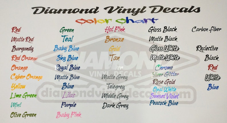 May include: Color chart for vinyl decals with a variety of colors including red, green, blue, teal, purple, pink, orange, yellow, brown, black, white, grey, gold, silver, and chrome.