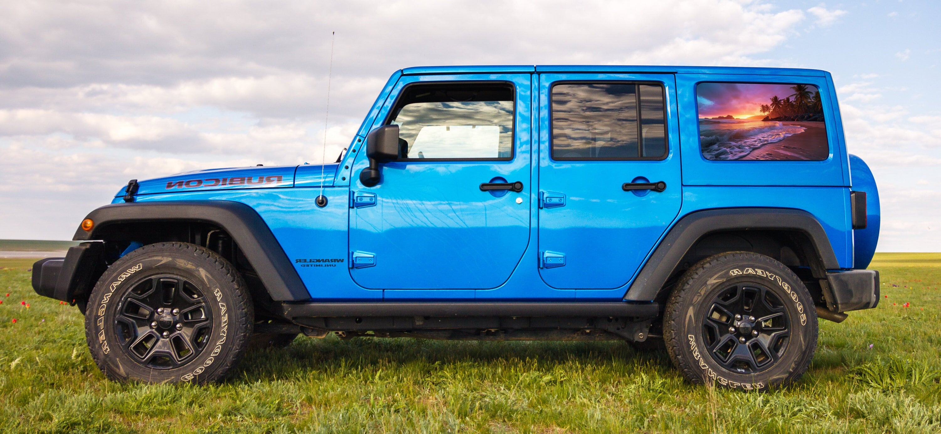Fenêtre en vinyle perforé scène de plage graphiques transparents pour Jeep Wrangler JKU JLU 2007-2024
