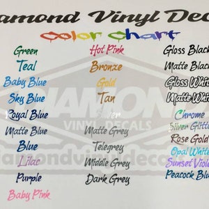 Pu&ograve; includere: Tabella colori per adesivi in ​​vinile di diamante. La tabella mostra una variet&agrave; di colori, tra cui rosso, verde, blu, nero, bianco e grigio. La tabella include anche colori come rosa acceso, bronzo, oro, marrone, cromo, glitter argentato, oro rosa, bianco opale, viola tramonto e blu pavone.