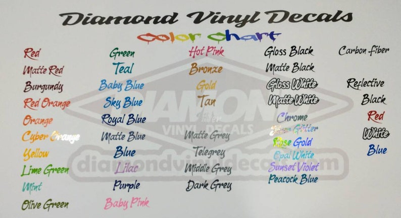 May include: Color chart showing a variety of vinyl decal colors, including red, green, teal, baby blue, sky blue, royal blue, matte blue, blue, lilac, purple, baby pink, hot pink, bronze, gold, tan, matte grey, telegrey, middle grey, dark grey, gloss black, matte black, gloss white, matte white, chrome, rose gold, opal white, sunset violet, peacock blue, carbon fiber, reflective black, red, white, and blue.