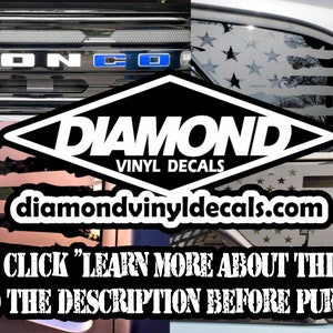May include: A black and white American flag vinyl decal with a distressed look. The decal is on a car window and has the text "DIAMOND VINYL DECALS" and "diamondvinyldecals.com".