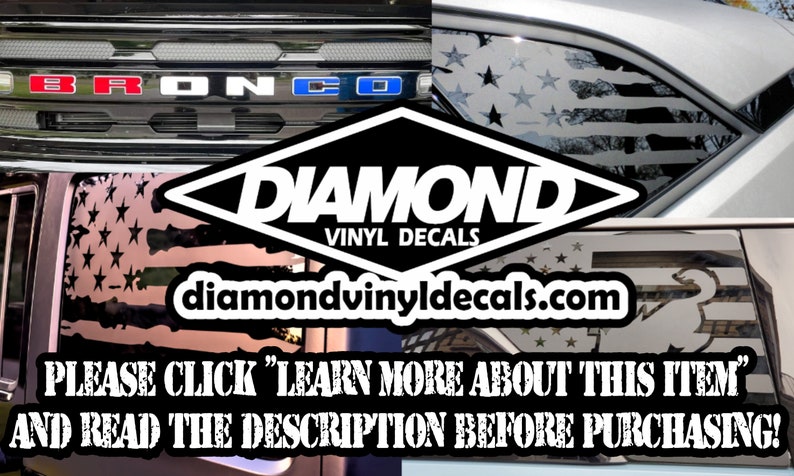 May include: A black and white American flag vinyl decal with a distressed look. The decal is on a car window and has the text "DIAMOND VINYL DECALS" and "diamondvinyldecals.com".
