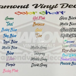 May include: Color chart for diamond vinyl decals.  The chart shows a variety of colors, including red, green, blue, black, white, and grey.  The chart also includes colors like hot pink, bronze, gold, tan, chrome, silver glitter, rose gold, opal white, sunset violet, and peacock blue.