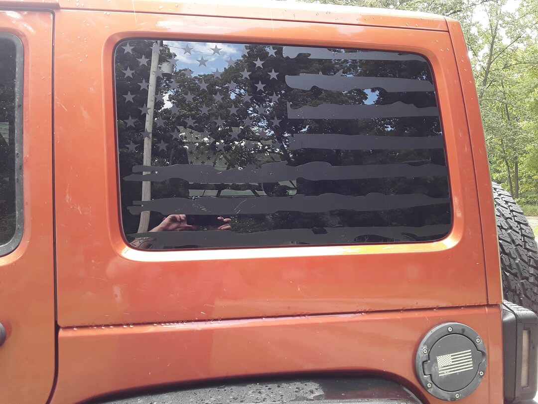 thumbnail image 2 of Distressed American Flag Vinyl Window Decal For 07-24 Jeep Wrangler JK JKU JL JLU 2 of 5