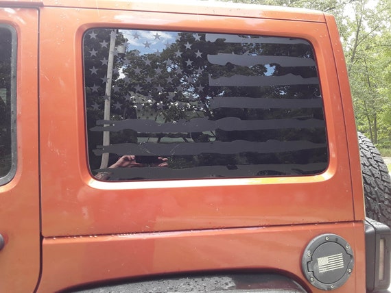 Matte Black Distressed American Flag Window Decal – Fits Jeep Wrangler JK JL 2Dr (2007-2024)
