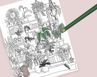 Botanical Bookshelf Colouring Page - Digital Download, Print at Home!