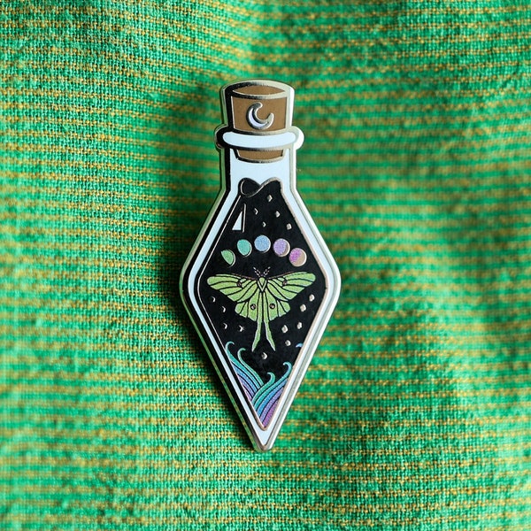 Essence of Actias Enamel Pin | Magic Luna Moth in a Witch Bottle with Stars | Moon Phases Potion Hard Enamel Pin