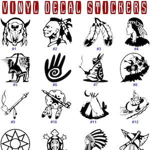 Könnte beinhalten: Ein Satz von 16 schwarzen und weißen Aufklebern aus Vinyl zum Thema Native American. Die Aufkleber zeigen verschiedene Designs, darunter einen Büffelschädel, einen Handabdruck, ein Tipi und eine Schildkröte. Die Aufkleber sind von 1 bis 16 nummeriert.