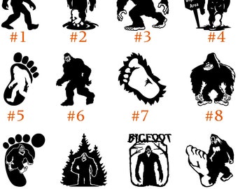 May include: Twelve black and white illustrations of Bigfoot, a mythical creature, in various poses. The illustrations include Bigfoot walking, standing, and leaving footprints. Some illustrations include the text "Bigfoot Area".