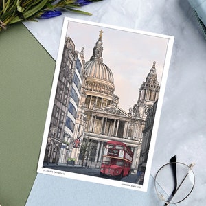 Postal de Londres 4x6 / Impresión de arte / Inglaterra / Catedral de San Pablo / Ilustración de la ciudad / Ilustraciones de Europa / Autobús de Londres / Regalo para viajero