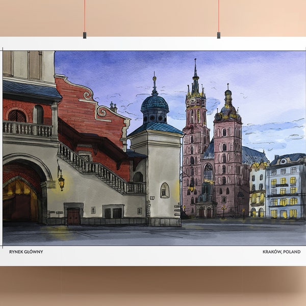 Krakow Poland Wall Art | 8x10 or 12x18 or 24x36 | Poster Print | Krakow City Centre | City Illustration | Europe Illustrations | Travel Gift