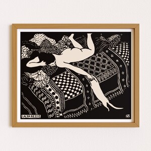 May include: Black and white woodcut print of a woman lying on a bed with a cat. The woman is nude and the cat is curled up on the bed. The print is titled "La Paresse" which is French for "Laziness".