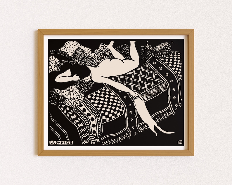 May include: Black and white woodcut print of a woman lying on a bed with a cat. The woman is nude and the cat is curled up on the bed. The print is titled "La Paresse" which is French for "Laziness".