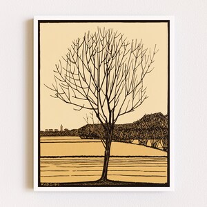 May include: A black and white illustration of a bare tree in a field with a distant cityscape in the background. The sky is a light yellow colour. The image is signed "A.J.D.C. 1919."