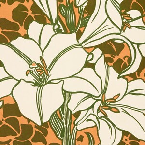 May include: A stylized illustration of white lilies with green stems and orange stamens. The flowers are set against a patterned background of brown shapes on an orange field. The art style is reminiscent of Art Nouveau.