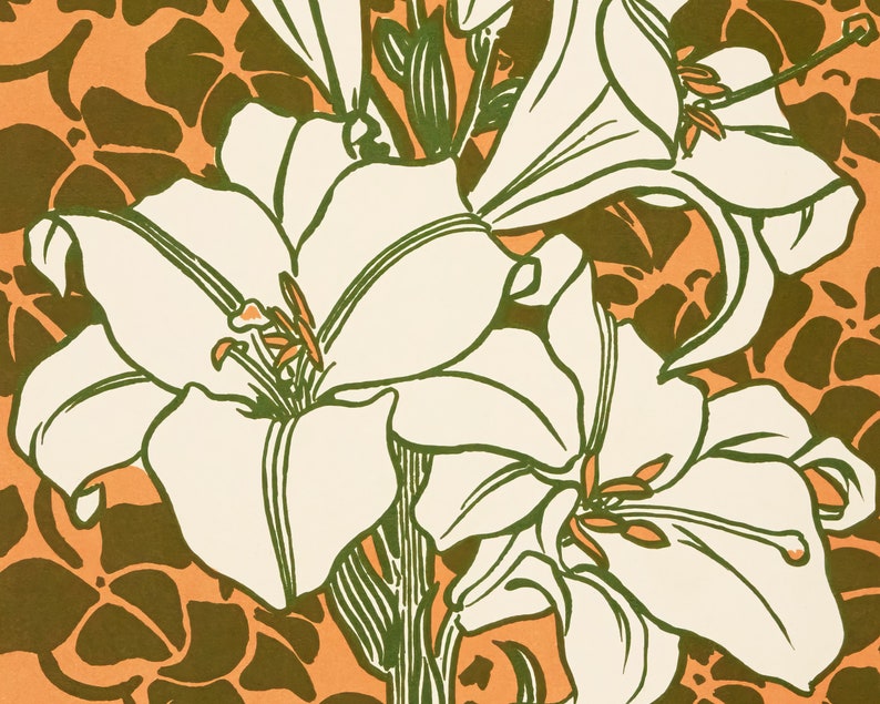 May include: A stylized illustration of white lilies with green stems and orange stamens. The flowers are set against a patterned background of brown shapes on an orange field. The art style is reminiscent of Art Nouveau.