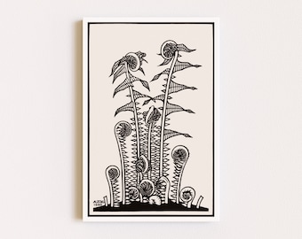 Downloadable Prints | Linocut Print | Black and White Art | Fern Print | Eclectic Wall Art | Printable Wall Art
