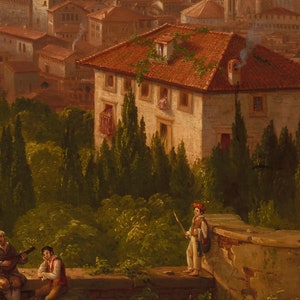May include: A painting depicting a scene in a city with a large building in the background. The building has a red tile roof and is surrounded by trees. In the foreground, there are people playing music and a man standing on a wall.