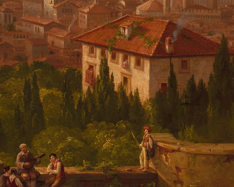 May include: A painting depicting a scene in a city with a large building in the background. The building has a red tile roof and is surrounded by trees. In the foreground, there are people playing music and a man standing on a wall.