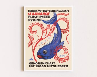 Downloadable Prints | Retro Poster | Koi Fish Print | Ad Poster | Blue Fish Poster | Printable Wall Art