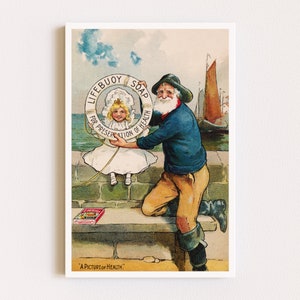 Herunterladbare Drucke | Vintage Poster | Antike Seifen-Werbung | Küstenwandkunst | Junges Mädchen & Kapitän | Druckbare Kunst