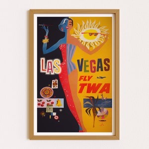 May include: Vintage Las Vegas travel poster featuring a split design with a woman in a swimsuit and a sun wearing sunglasses. The poster has the text "LAS VEGAS FLY TWA" in bold letters, with casino-themed illustrations.