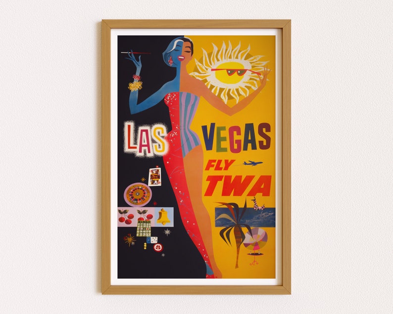 May include: Vintage Las Vegas travel poster featuring a split design with a woman in a swimsuit and a sun wearing sunglasses. The poster has the text "LAS VEGAS FLY TWA" in bold letters, with casino-themed illustrations.