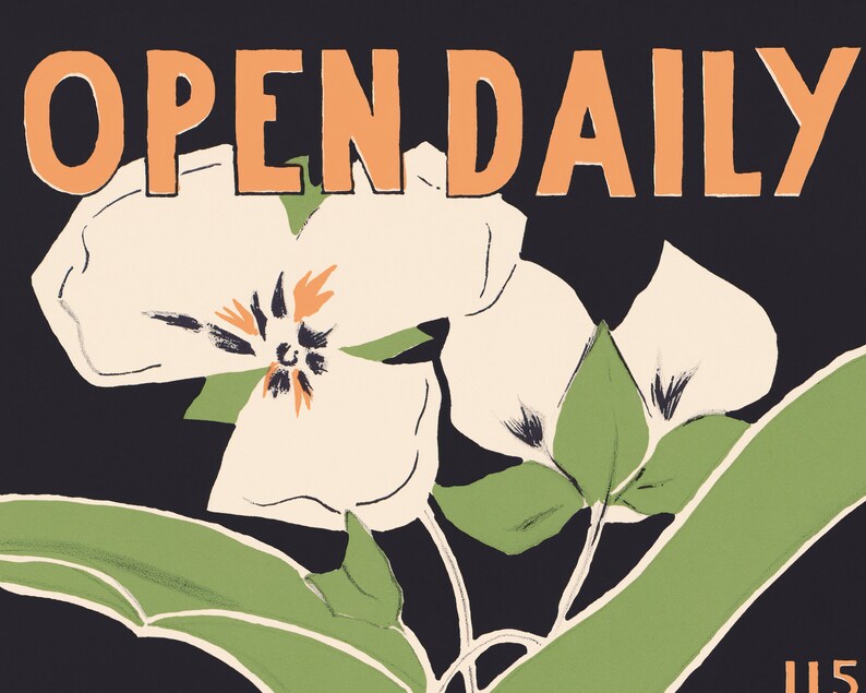 May include: A vintage poster with the text "OPEN DAILY" in orange letters on a black background. The poster features a stylized illustration of white flowers with green leaves.