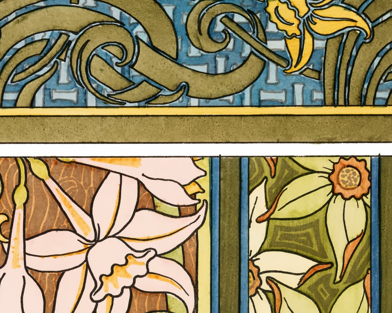 Puede incluir: Una ilustraci&oacute;n vintage de un patr&oacute;n floral con flores rosas, amarillas y blancas sobre un fondo marr&oacute;n. Las flores est&aacute;n rodeadas de formas geom&eacute;tricas verdes y azules.