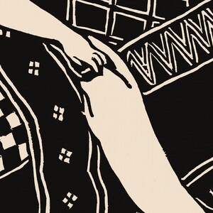 May include: Black and white illustration of a person sitting on a patterned surface. The person's leg is extended and the surface has a checkered pattern and a geometric design.