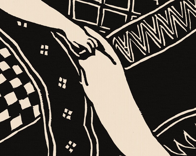 May include: Black and white illustration of a person sitting on a patterned surface. The person's leg is extended and the surface has a checkered pattern and a geometric design.