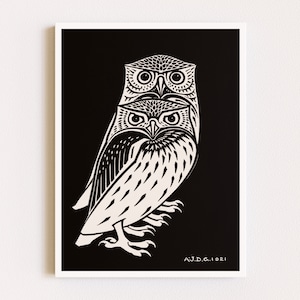 Downloadable Prints | Owl Linocut Print | Black and White Art | Eclectic Wall Art | Vintage Bird Prints | Printable Wall Art