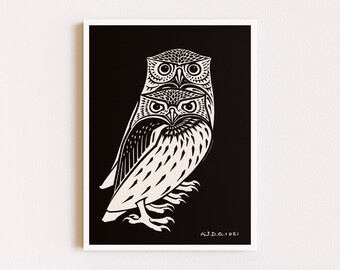 Downloadable Prints | Owl Linocut Print | Black and White Art | Eclectic Wall Art | Vintage Bird Prints | Printable Wall Art