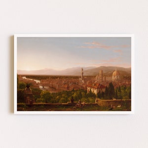 May include: A painting depicting a panoramic view of Florence, Italy, with the Arno River winding through the city. The iconic Duomo, with its distinctive dome, is prominently featured in the distance. The painting captures the city's architectural beauty and the surrounding landscape.