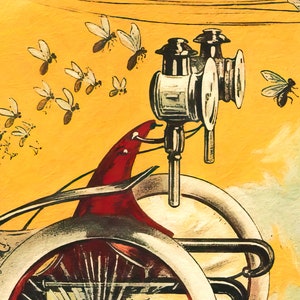 May include: A vintage illustration of a red and silver bicycle with two antique brass lanterns attached to the handlebars. The bicycle is surrounded by a yellow background with white silhouettes of flying insects.