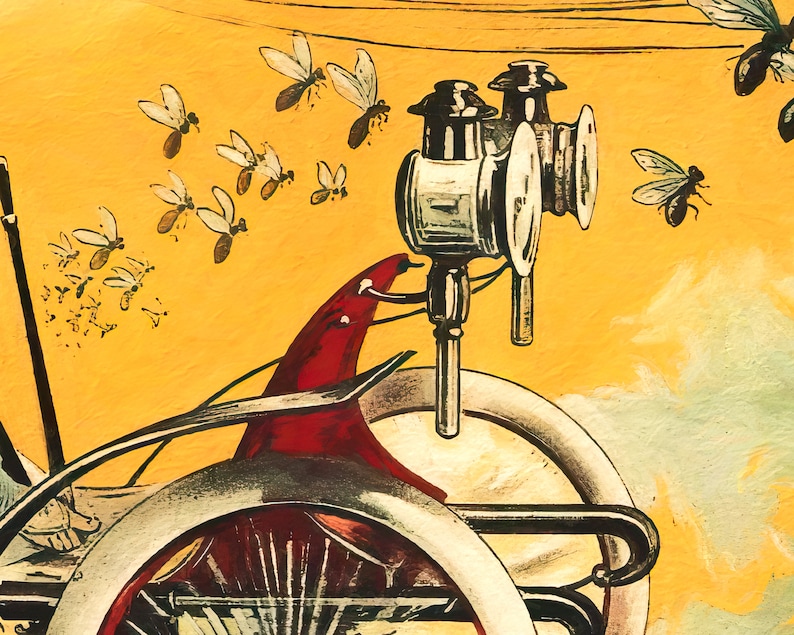May include: A vintage illustration of a red and silver bicycle with two antique brass lanterns attached to the handlebars. The bicycle is surrounded by a yellow background with white silhouettes of flying insects.