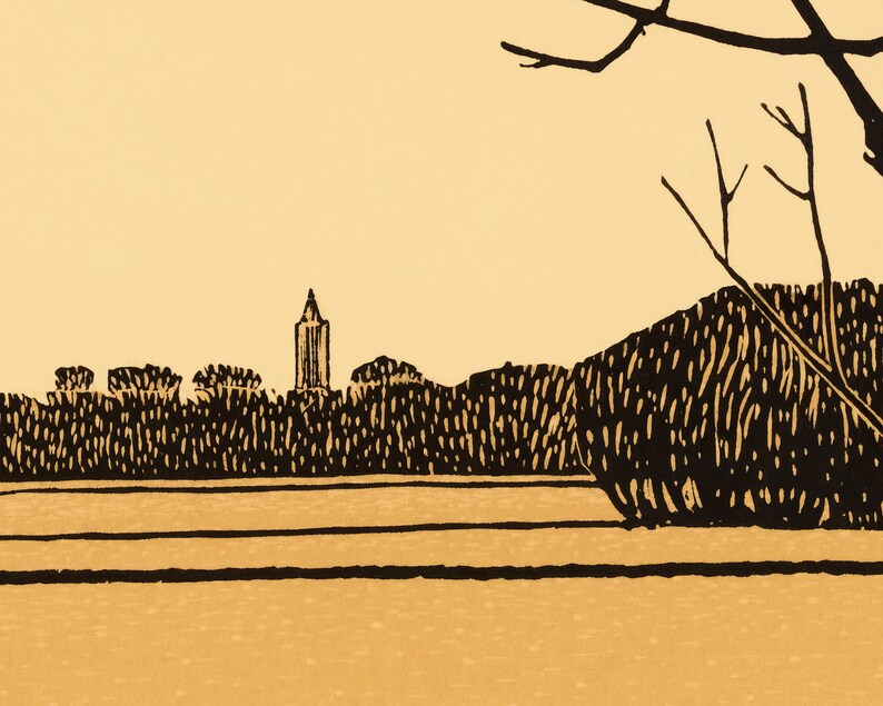 May include: A black and white illustration of a cityscape with a tall building in the centre. The cityscape is surrounded by trees and a field of grass. The sky is a light yellow colour.