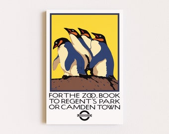 May include: A vintage London Underground poster featuring four penguins on a yellow background. The poster text reads "For the Zoo, book to Regent's Park or Camden Town".