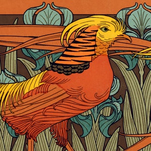 Puede incluir: Una ilustraci&oacute;n estilizada de un fais&aacute;n con plumas naranjas, amarillas y negras, sobre un fondo de follaje estilizado verde y marr&oacute;n.