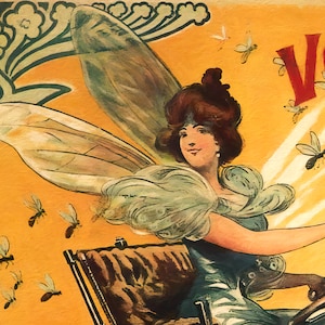 May include: A woman with wings, dressed in a blue dress and a white shawl, is driving a vintage motorcycle. The background is a yellow and orange color with a floral design and the word "VOILA" in red letters.