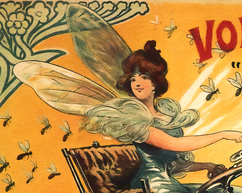 May include: A woman with wings, dressed in a blue dress and a white shawl, is driving a vintage motorcycle. The background is a yellow and orange color with a floral design and the word "VOILA" in red letters.
