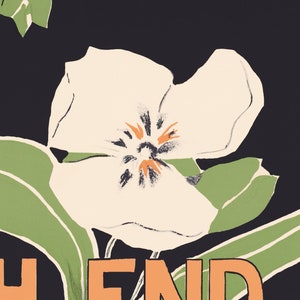 May include: A white flower with a black and orange center, with green leaves on a black background. The text "THE END" is visible at the bottom of the image.