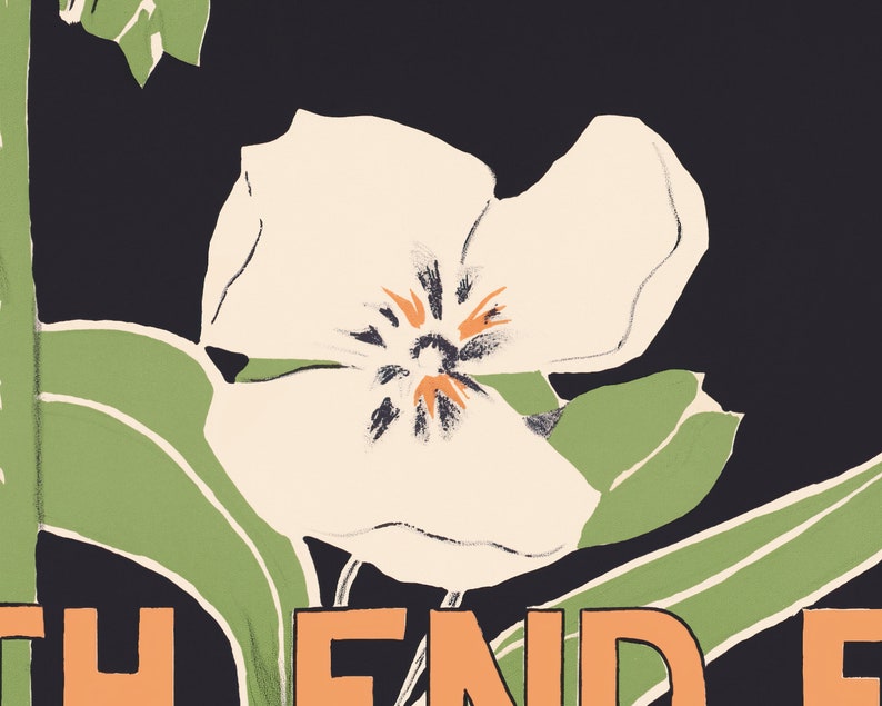 May include: A white flower with a black and orange center, with green leaves on a black background. The text "THE END" is visible at the bottom of the image.