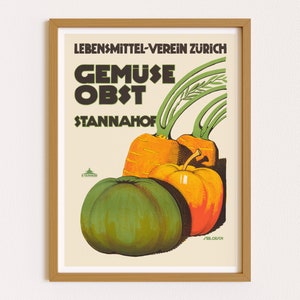 May include: A vintage poster advertising fresh produce at the "Stannahof" market. The poster features a green pumpkin, two orange carrots, and green leafy stems against a cream background. The text reads "Lebensmittel-Verein Z&uuml;rich" and "Gem&uuml;se Obst Stannahof".